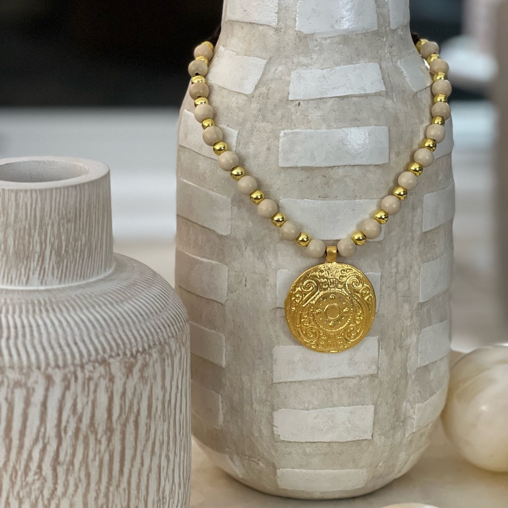 Gold Ornate Medallion Necklace with Beaded Chain